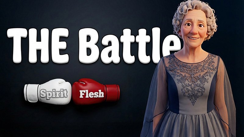 Digitally illustrated elderly woman with curly gray hair wearing a formal lace-detailed dress with sheer sleeves, standing beside bold white text reading “THE Battle.” Below the text, a white boxing glove labeled “Spirit” and a red glove labeled “Flesh” face each other in a symbolic clash, visually representing internal conflict between spiritual and physical desires.