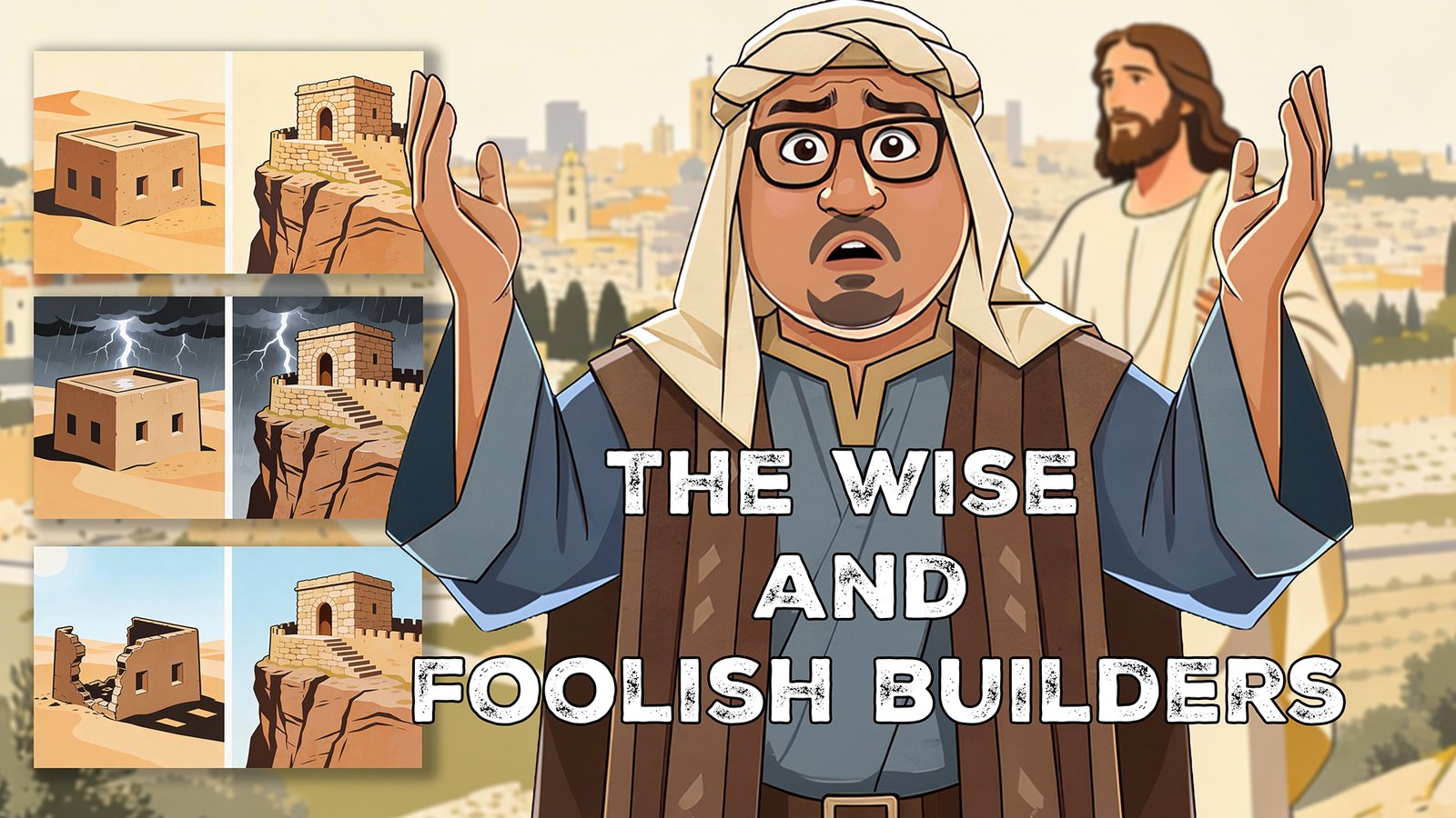 BUILDERS “Illustrated biblical scene showing a distressed Middle Eastern man in traditional attire raising his hands, with a figure resembling Jesus in white robes standing behind him. In the background is an ancient cityscape with towers and buildings. On the left, six smaller panels depict two houses—one built on sand and one on rock—during calm weather, a storm, and the aftermath, where the sand-based house collapses and the rock-based house remains intact, illustrating the parable of the wise and foolish builders.”