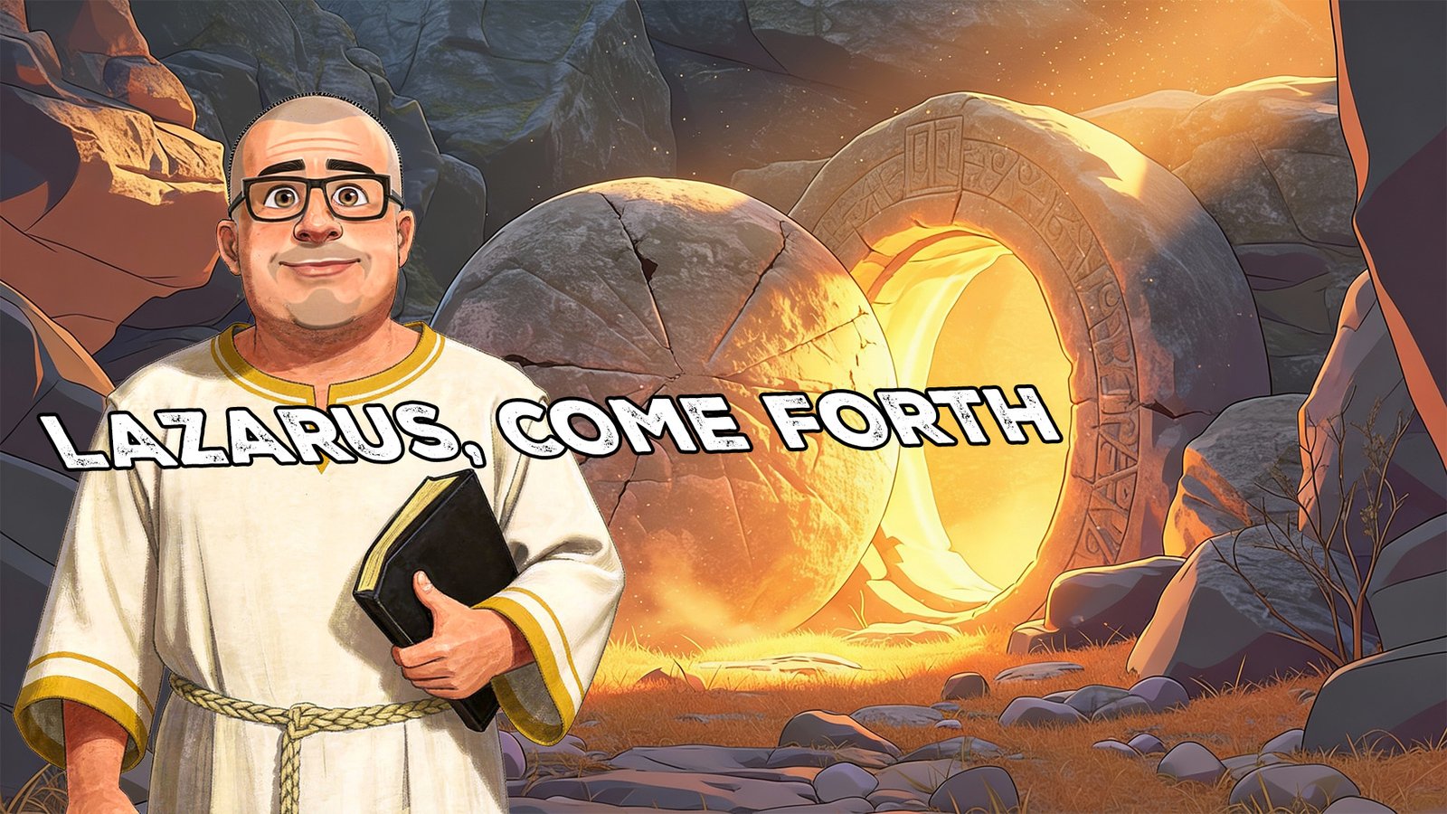 LAZARUS COME FORTH Stylized illustration of a smiling bald man in a white robe with gold trim and glasses, holding a black Bible in front of a glowing stone tomb with its large round entrance stone rolled aside; warm light radiates from within the tomb, set against a rocky, mountainous terrain, with the words “LAZARUS, COME FORTH” displayed prominently across the image, symbolizing the biblical resurrection story.