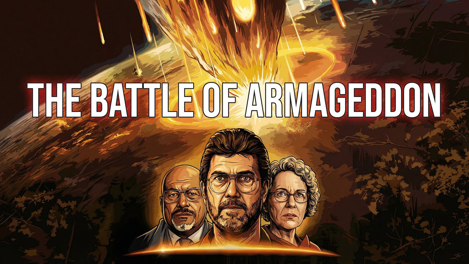 An illustrated apocalyptic scene showing a fiery explosion in the sky with debris shooting outward. In the foreground, three serious‑looking individuals are depicted in stylized portraits. Bold text at the top reads “THE BATTLE OF ARMAGEDDON.” The overall design conveys an intense, dramatic end‑times theme.