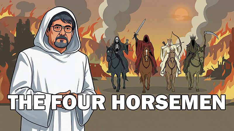 A man in a white hooded robe stands in the foreground, hands clasped. Behind him, four horsemen ride through a fiery, smoke‑filled landscape. One rider is skeletal and carries a scythe, another wears red and holds a sword, a third rides a white horse with a crown and bow, and the fourth rides a dark horse holding a set of scales. Large white text at the bottom reads “THE FOUR HORSEMEN.”