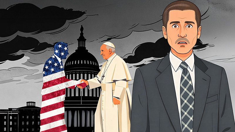 “A stylized illustration shows a figure covered in an American flag pattern shaking hands with a Pope-like figure in front of the U.S. Capitol building under dark, swirling clouds. On the right, a man in a suit looks forward with a surprised or concerned expression.”