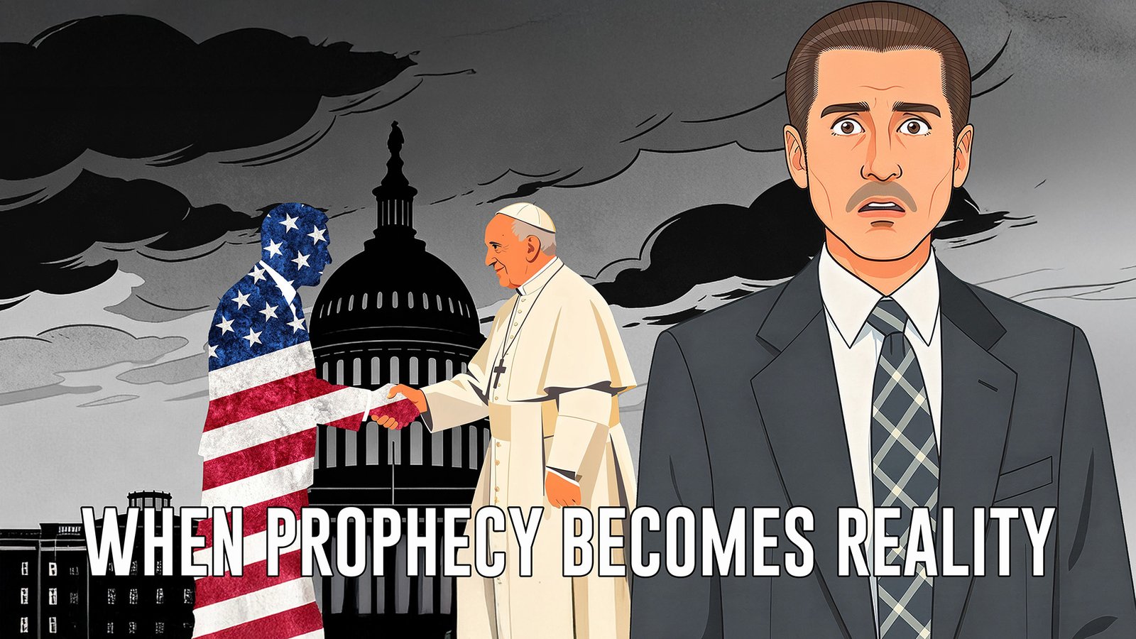 WHEN PROPHECY BECOMES REALITY “An illustration shows a figure covered in an American flag pattern shaking hands with a Pope in front of the U.S. Capitol building under dark, stormy clouds. On the right, a man in a suit looks forward with a surprised or concerned expression. Text at the bottom reads ‘When Prophecy Becomes Reality.’”