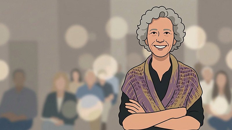 “An older adult with curly gray hair stands smiling with arms crossed, wearing a dark shirt and patterned shawl. The background is softly blurred, showing a group of people in what appears to be a public or community gathering.”