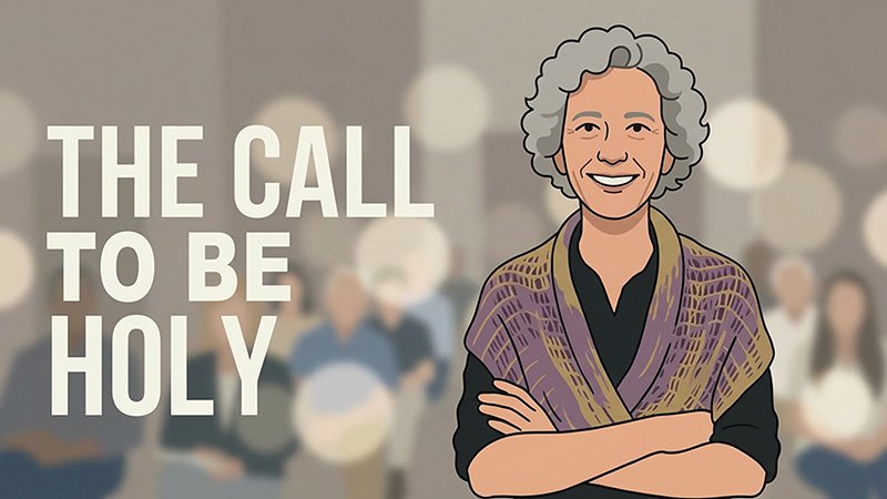 “An older adult with curly gray hair stands smiling with arms crossed, wearing a dark shirt and patterned shawl. Behind them is a blurred group of people. Text on the image reads ‘The Call to Be Holy.’”