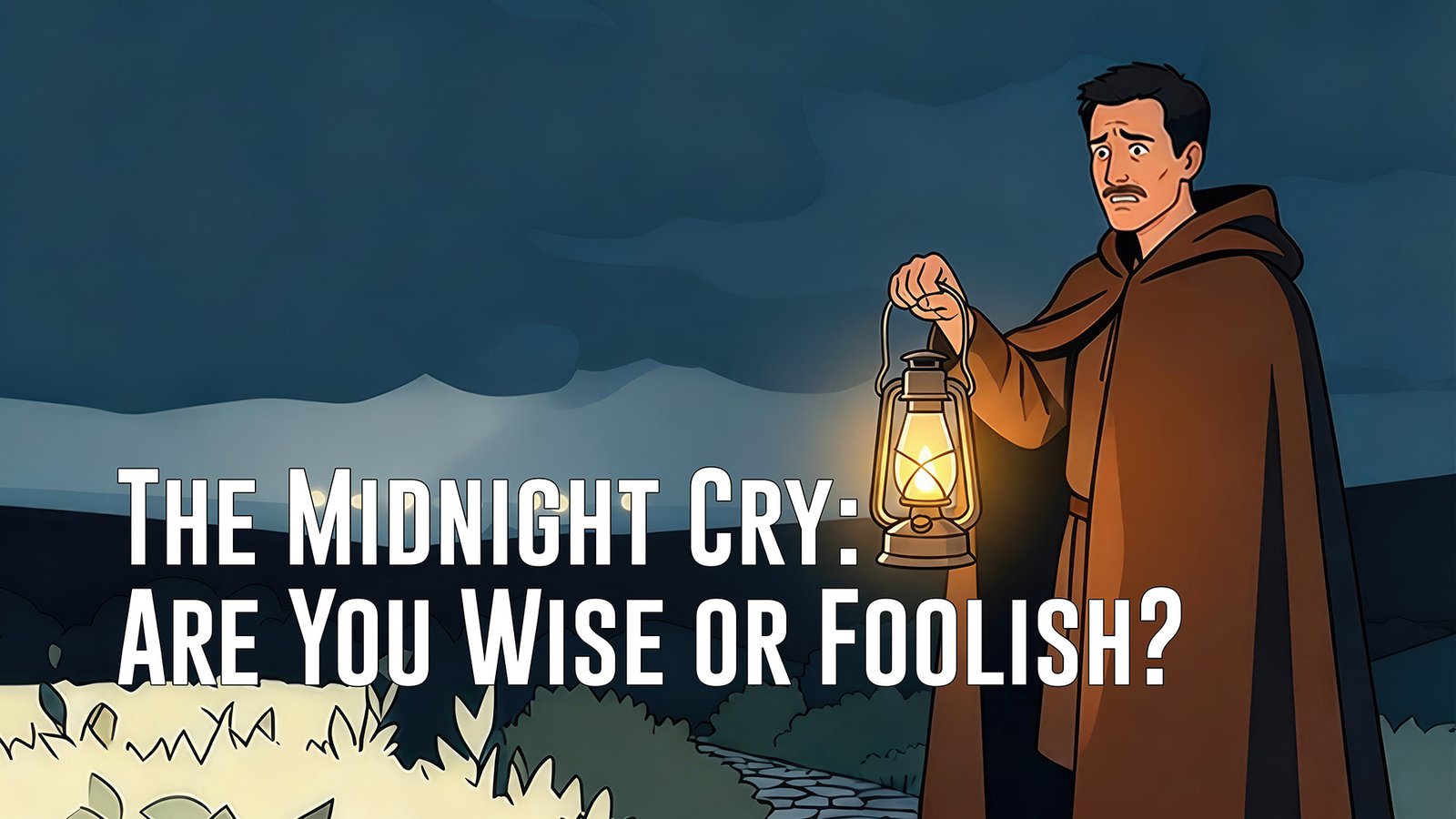 A cartoon-style illustration shows a man standing at a fork in the road beneath the question “What do you value most?” The left path leads toward a dark landscape filled with gold coins, houses, electronics, and a sign labeled “Earthly Treasure.” The right path leads toward a bright hill with a glowing cross and a sign labeled “Kingdom First.”