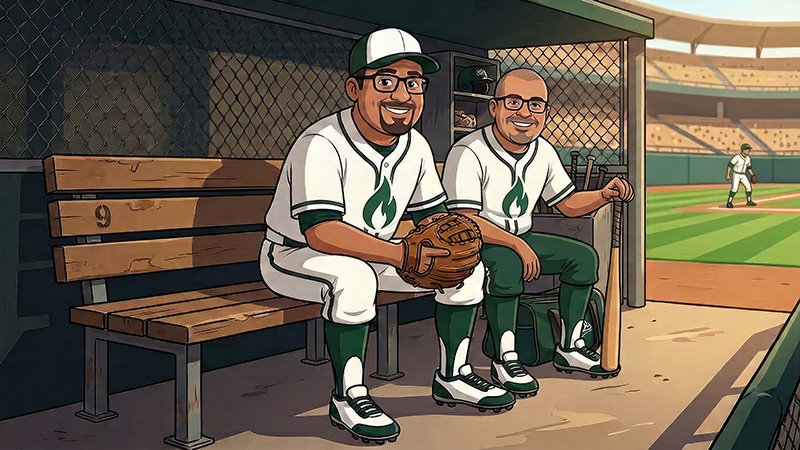 A cartoon-style illustration of two baseball players sitting on a wooden bench inside a dugout. Both wear white uniforms with green trim and a green flame logo on the chest. One player holds a baseball glove, and the other holds a bat. Behind them, a baseball field and stadium seating are visible, with another player standing on the field. A chain‑link fence lines the dugout, and the bench is marked with the number 9.