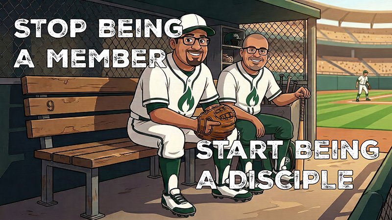 An illustrated scene of two baseball players sitting on a wooden bench in a dugout. They wear white uniforms with green trim and a green flame logo. One holds a glove and the other holds a bat. Behind them, a baseball field, stadium seating, and another player on the field are visible. Large text above them reads, “Stop being a member. Start being a disciple.