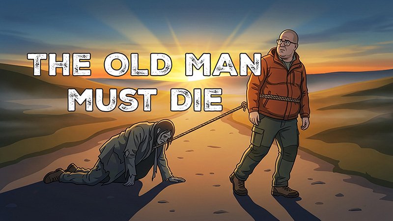 A digitally illustrated scene shows two people on a dirt path at sunset. In the foreground, a man in a red jacket and green pants walks forward while holding a rope tied around the neck of an older man who is crawling behind him. The older man wears torn clothing and appears exhausted. The background features rolling hills and a dramatic orange sky. Large white text across the image reads, “THE OLD MAN MUST DIE.”