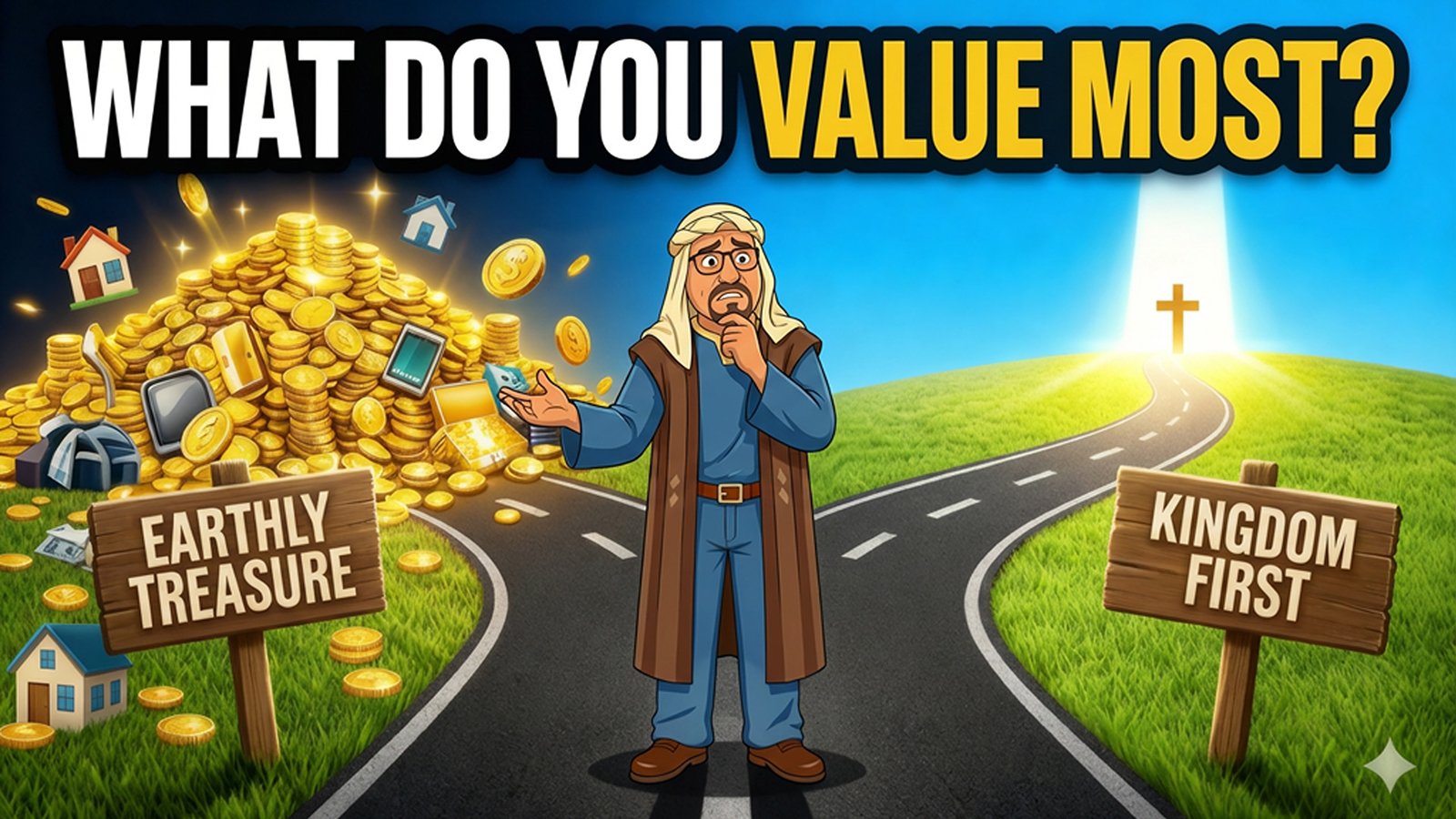 A cartoon-style illustration shows a man standing at a fork in the road beneath the question “What do you value most?” The left path leads toward a dark landscape filled with gold coins, houses, electronics, and a sign labeled “Earthly Treasure.” The right path leads toward a bright hill with a glowing cross and a sign labeled “Kingdom First.”