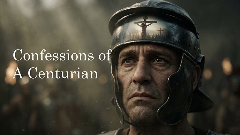 A Roman centurion in a metal helmet with cheek guards stands in soft light, looking serious. The helmet reflects the silhouette of a crucifixion scene with two crosses. Blurred soldiers and torchlight appear in the background, and text on the left reads “Confessions of A Centurian.”