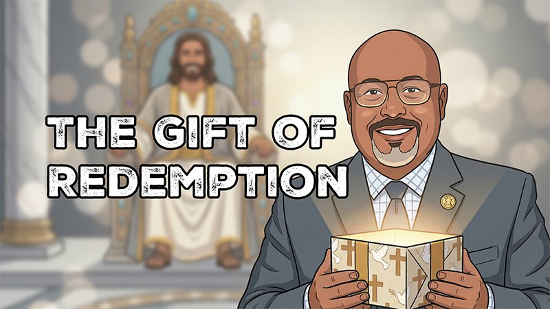 A stylized illustration of a smiling man in a suit and tie holding a glowing gift box decorated with Christian symbols, including crosses and doves. Behind him, a figure resembling Jesus sits on a radiant throne wearing white and gold robes. The scene has a warm, spiritual atmosphere, and the text “THE GIFT OF REDEMPTION” appears at the top.