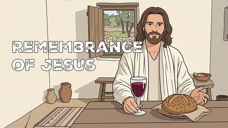 A bearded man in a white robe sits at a wooden table holding a cup of red liquid, with a loaf of bread on a cloth in front of him. The room has simple pottery on the table and an open window showing trees and a stone wall outside. Text above reads “Remembrance of Jesus.”