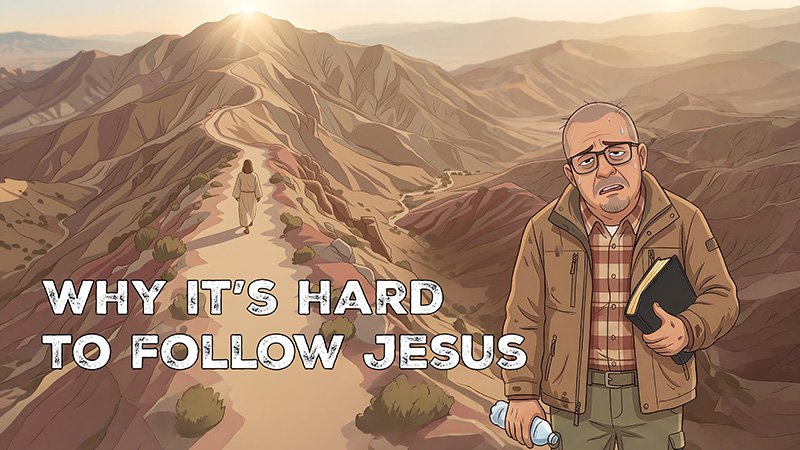A stylized illustration of a desert mountain landscape. In the foreground, an older person wearing glasses, a brown jacket, and a plaid shirt holds a book in one hand and a water bottle in the other. In the background, another person walks along a narrow ridge path toward sunlit mountains. Text on the image reads “WHY IT’S HARD TO FOLLOW JESUS.”