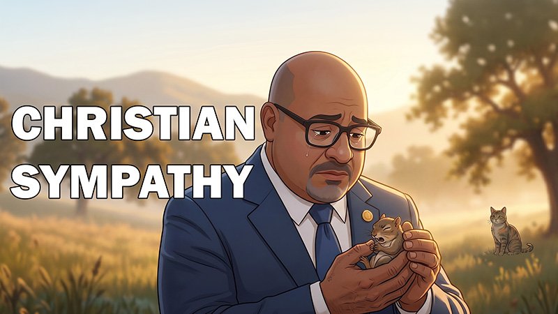 A man in a blue suit stands in a sunlit field holding a small kitten, with another kitten sitting on the grass nearby. Trees and mountains are in the background, and the words “Christian Sympathy” appear in large white letters on the left side.