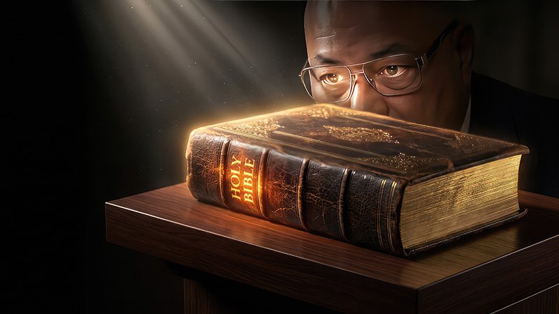 A person wearing glasses looks intently at an ornate Holy Bible on a wooden table as a bright beam of light illuminates the book’s golden cover.