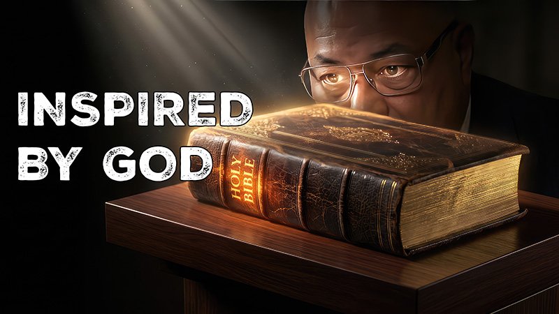 INSPIRED BY GOD A person wearing glasses looks intently at an ornate Holy Bible on a wooden table as a bright beam of light illuminates the book’s golden cover. Text on the image reads “INSPIRED BY GOD.”