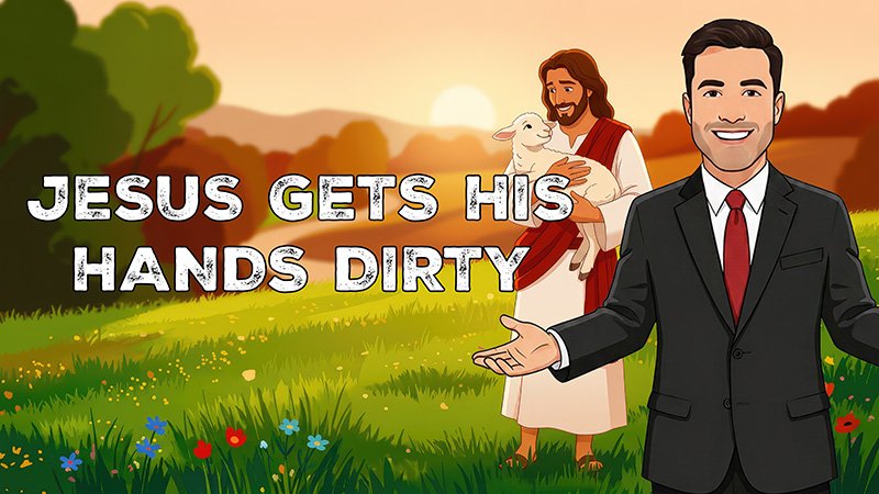 JESUS DIRTY TEXT A stylized illustration of Jesus in a white robe with a red sash standing barefoot in a grassy field at sunset, holding a small lamb in his arms. Beside him stands a smiling man in a dark suit and red tie with his hands open in a welcoming gesture. Flowers and trees surround them under an orange and pink sky. Text on the image reads “Jesus gets his hands dirty.”
