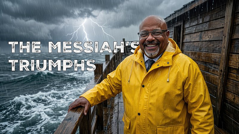 TRIUMP TEXT A person in a bright yellow raincoat stands on a wooden pier during a heavy storm, smiling while resting one hand on the railing. Dark clouds, rough waves, and a bolt of lightning fill the background. Text on the image reads “THE MESSIAH’S TRIUMPHS.”