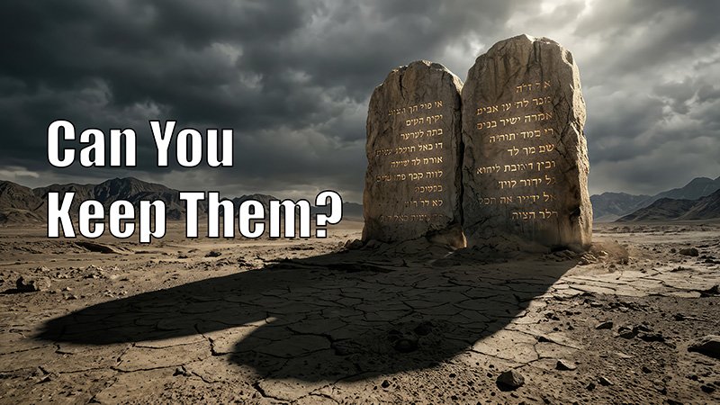 CAN YOU KEEP THEM “Two large stone tablets engraved with Hebrew characters stand upright in a cracked desert landscape beneath dramatic, cloudy skies. Mountains rise in the distance. White text on the left reads ‘Can You Keep Them?’”