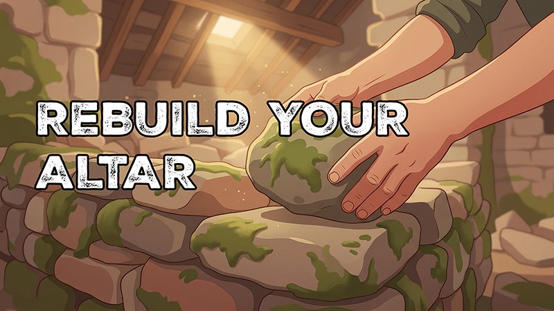 CHOOSE YOU Hands placing a moss-covered stone onto a stack of similar stones inside a rustic, partially roofed structure with sunlight shining through wooden beams. White text is overlayed the image reading "Rebuild Your Altar"