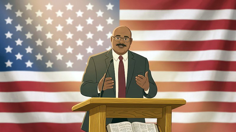 An illustrated man in a suit, white shirt, and red tie stands behind a wooden podium with an open book, speaking in front of a large American flag. Text at the bottom reads “Close to God Is Better.”