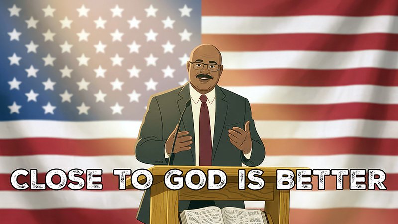 CLOSE TO GOD TEXT An illustrated man in a suit, white shirt, and red tie stands behind a wooden podium with an open book, speaking in front of a large American flag. Text at the bottom reads “Close to God Is Better.”