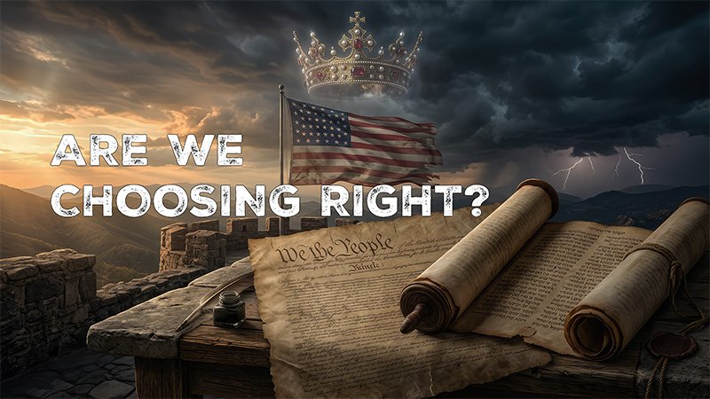 ARE WE CHOOSING RIGHT A parchment of the U.S. Constitution lies on a wooden table with the words “We the People” visible, surrounded by rolled scrolls, an ink bottle, and a quill. In the background, an American flag waves atop a stone structure overlooking a stormy mountain landscape with lightning. Above the flag, a glowing jeweled crown floats in the dark clouds. Text on the image reads: “ARE WE CHOOSING RIGHT?”