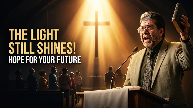 CHOSEN 150 text A man stands at a church pulpit, holding a book and speaking into a microphone. Behind him, a large illuminated cross glows with rays of light shining downward. Congregants stand in the pews facing the cross. Text on the image reads, “The light still shines! Hope for your future.”