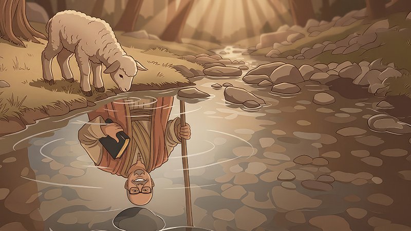 A peaceful forest scene with sunlight filtering through tall trees. A small stream runs through the center, and a lamb stands on the grassy bank, looking down into the water. In the stream’s reflection, a robed figure holding a staff and a book appears, though the person is not physically present above the water.