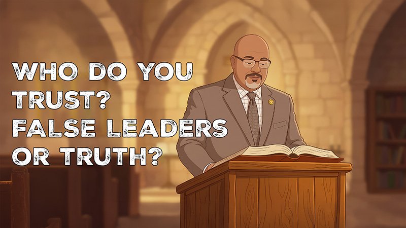 TRUST LEADERSHIP TEXT An illustrated man in a suit and tie stands behind a wooden podium inside a stone‑arched church or cathedral. He reads from an open book, with bookshelves visible in the background. Text above him says, “WHO DO YOU TRUST? FALSE LEADERS OR TRUTH?”