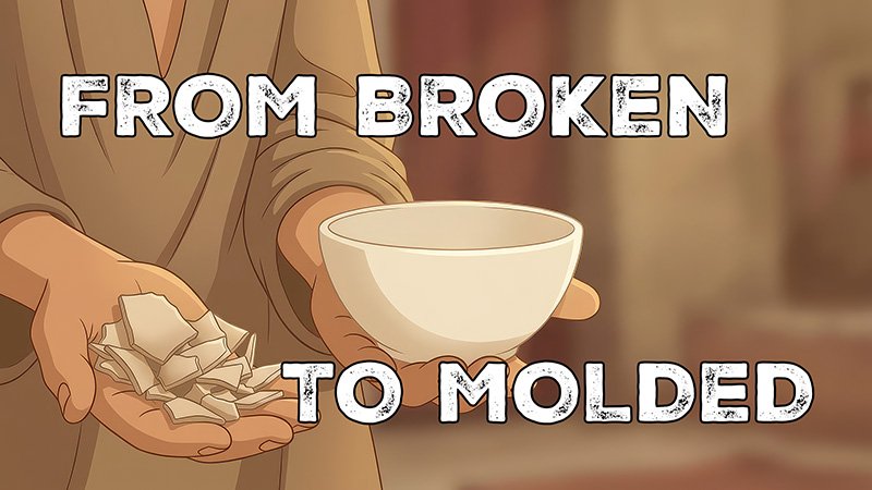 ALONE IN THE DARKNESS TEXT A person holds broken ceramic pieces in one hand and a smooth, newly molded bowl in the other. Soft indoor lighting highlights the contrast between the shattered fragments and the restored vessel. Text on the image reads “From Broken to Molded,” symbolizing transformation and renewal.
