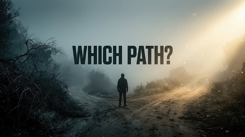Laodicea Text A person stands at a fork in a dirt path surrounded by tall trees and misty sunlight. The two paths diverge in front of them, creating a dramatic scene that suggests choice or contemplation. Text on the image reads “WHICH PATH?”
