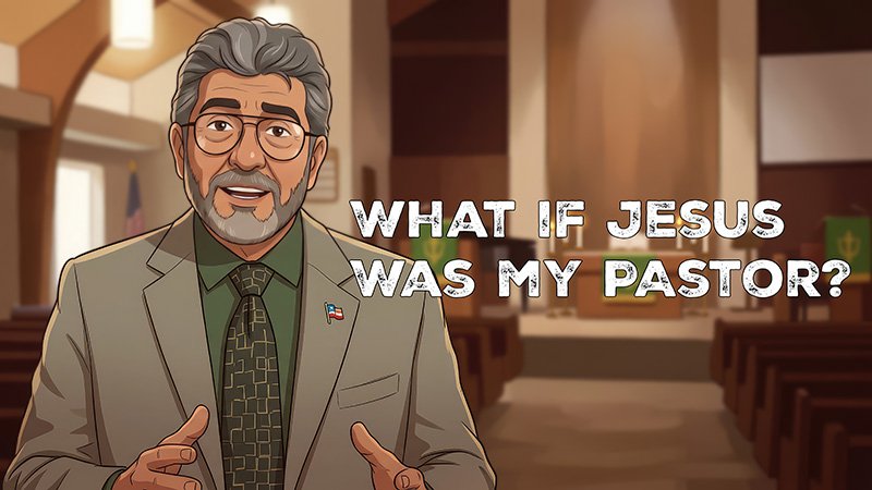 WHAT IF TEXT Illustration of a gray‑haired man with glasses, a beard, and a tan suit standing inside a church sanctuary. Wooden pews, an altar, and a cross are visible behind him. Text on the image reads “What if Jesus was my pastor?”