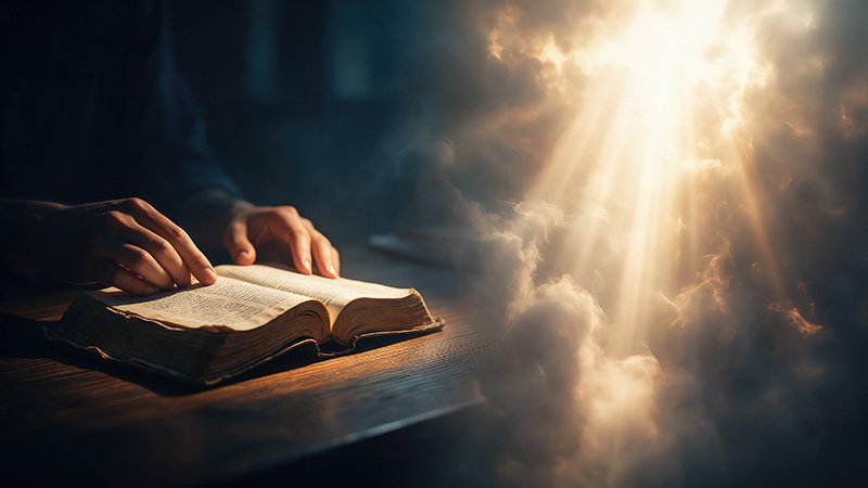 Hands rest on an open Bible on a wooden table under warm light contrasting human effort with divine action.