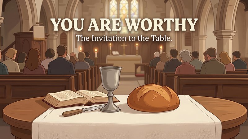 YOU ARE WORTHY TEXT Interior of a church with people seated in wooden pews facing a lit altar. In the foreground, a small wooden table covered with a white cloth holds a loaf of bread, a silver chalice, an open book, and a knife. Candles and stained‑glass windows frame the altar in the background. Text at the top reads “YOU ARE WORTHY – The Invitation to the Table.”
